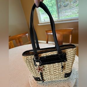 👒 Brighton, Vintage, Straw Weaved With Black Leather, Floral Doodle, Hand Bag